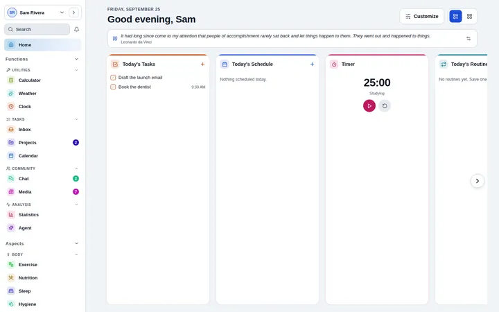 The LyfeConnex Home screen with today’s plan, running timers and widgets